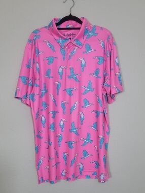 Chubbies Weekend Polo Shirt Mens Large Pink Toucan Bird Short Sleeve Tropical